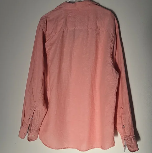Old Khaki Large Salmon Pink Linen Cotton Blend Button Down Floral Trim Shirt L - Picture 6 of 9